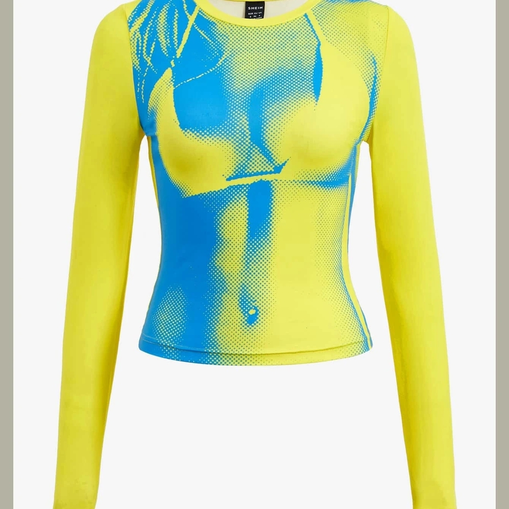 Blue and Yellow Graphic Long Sleeve Top